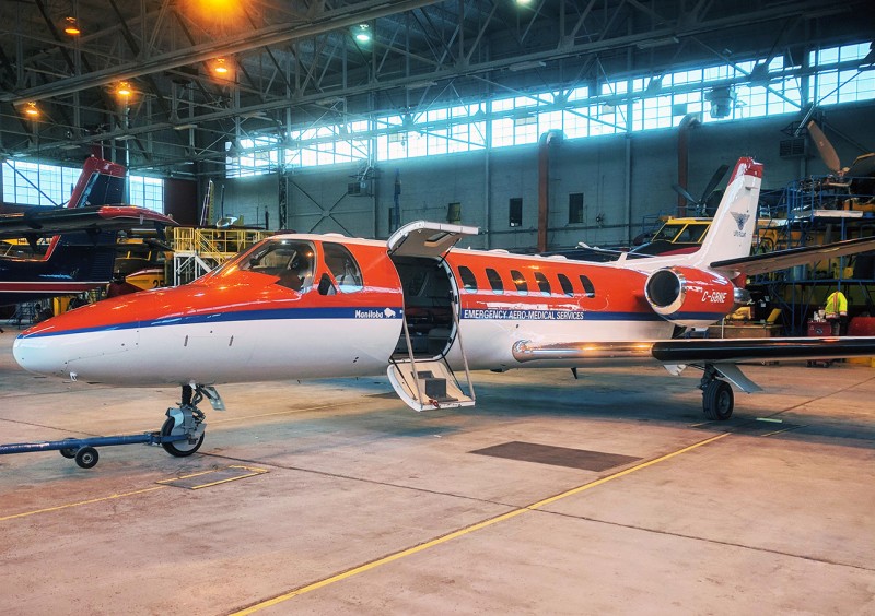 Lifeflight air ambulance in hangar